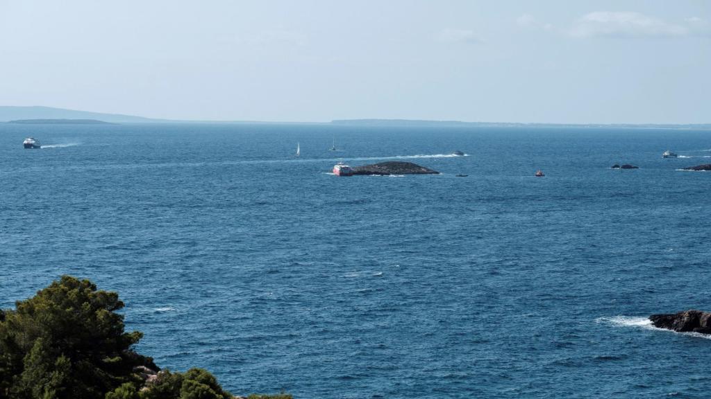 View of the islet against which the ferry of the German shipping company FRS crashed on Saturday.