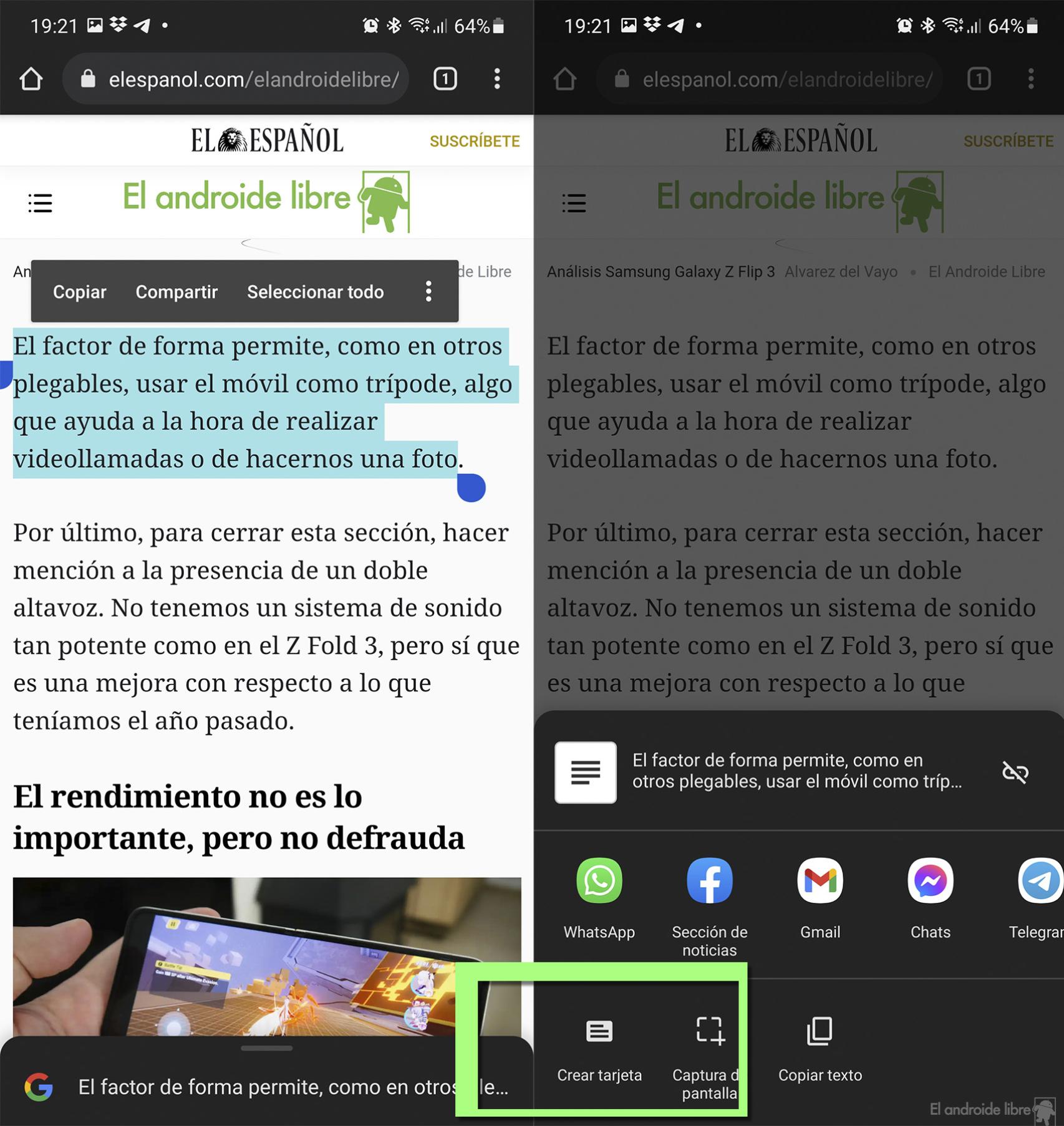 Seleccionando texto para compartir