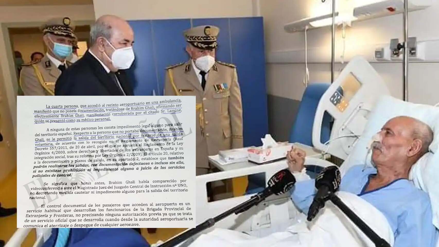 Ghali, en el hospital ingresado; a la izquierda, fragmento del informe aportado a la causa.