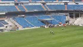 El césped del Santiago Bernabéu, completamente instalado