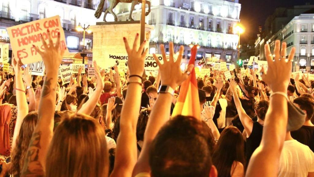 Several hundred protesters gathered at the Puerta del Sol in Madrid.