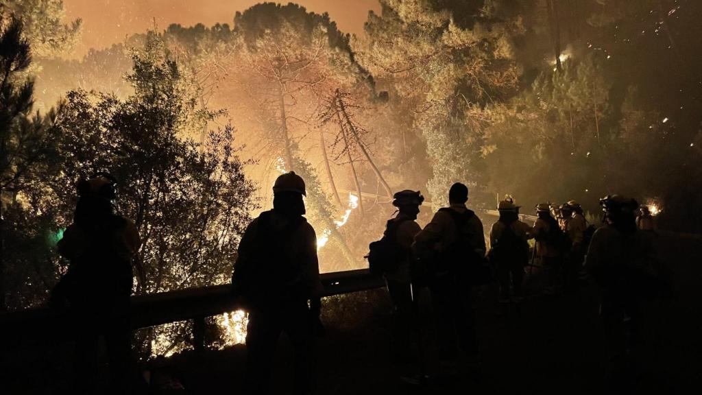 Agentes forestales trabajan para controlar el fuego.