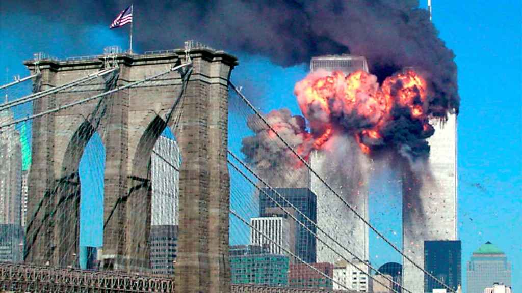The Twin Towers in flames after the impact of the two planes on September 11, 2001.