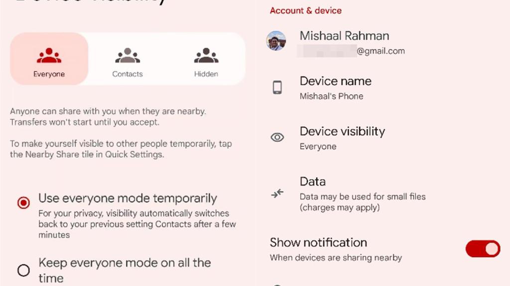 Visibilidad de los dispositivos con Nearby Share