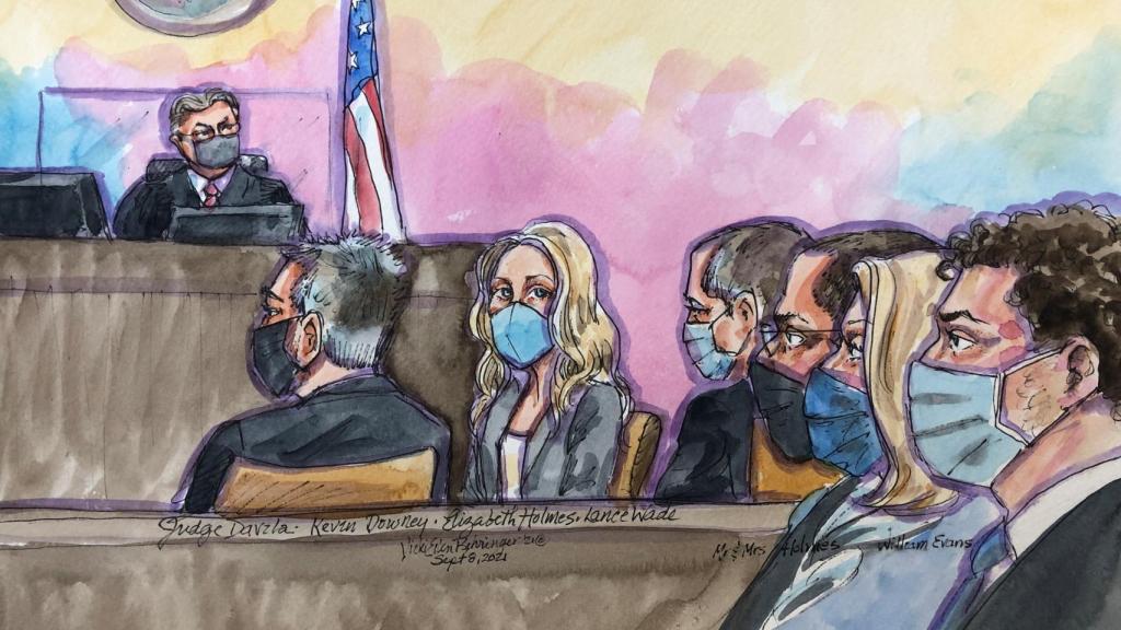 Una ilustración de la primera sesión del juicio de Elizabeth Holmes.