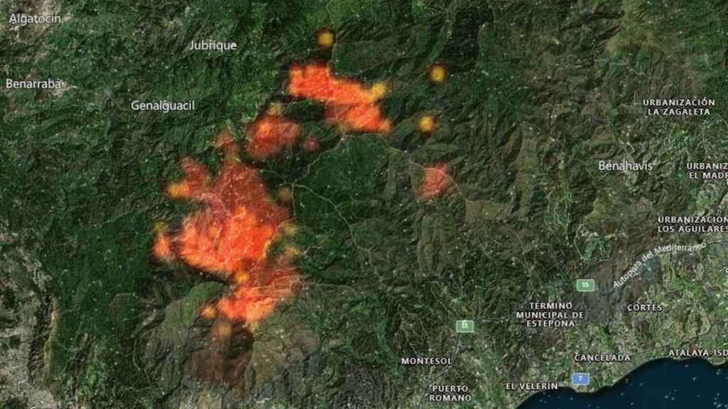 Satellite view of the Sierra Bermeja fire early in the morning.