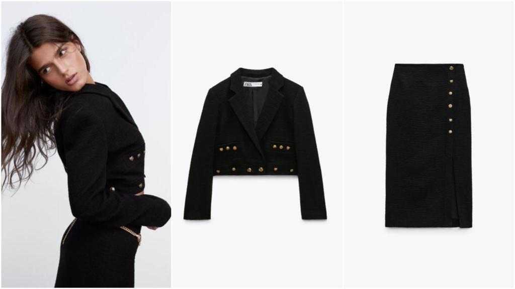 La modelo luce el dos piezas en negro con botones dorados de la última colección de Zara.