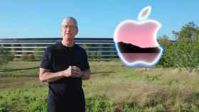 Tim Cook, CEO de Apple, y el logo del evento.