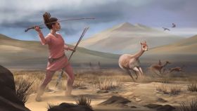Ilustración de una mujer andina prehistórica cazando animales.