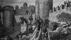 Bellido Dolfos mata a Sancho en las murallas de Zamora. Litografía de Joan Serra Pausas de 1900