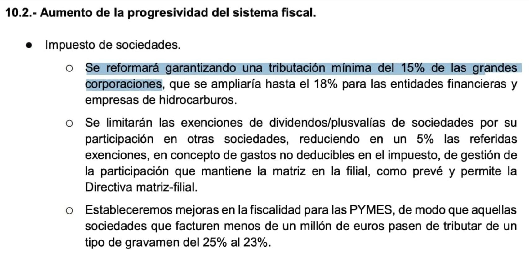 Extract from the fiscal chapter in the coalition program between PSOE and United We Can.