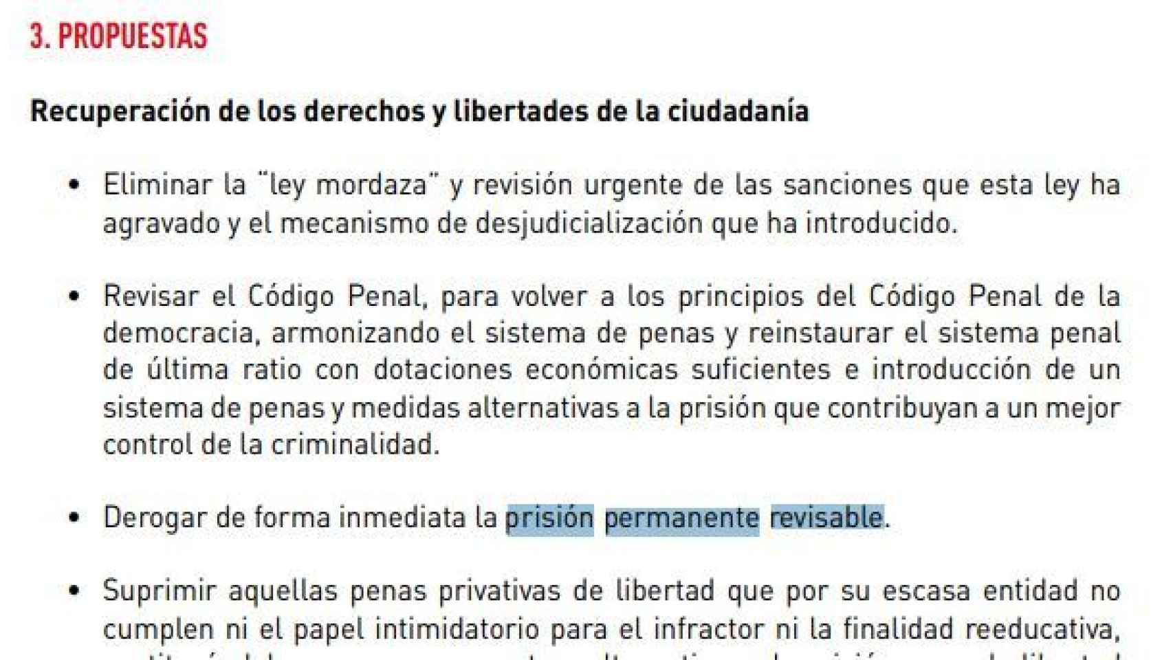 Programa electoral del PSOE de 2016, con el compromiso de derogar la prisión permanente./