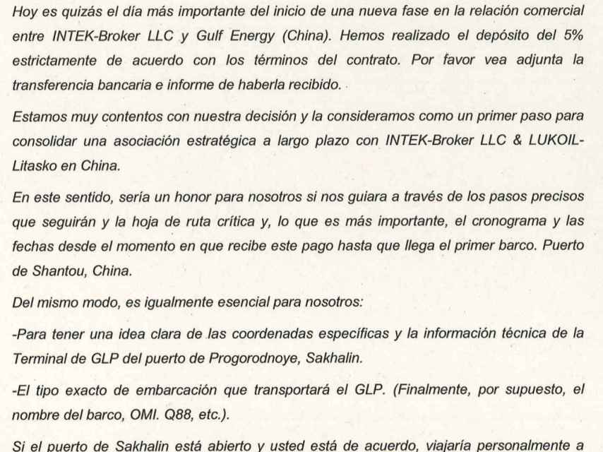 Translation carried out by the Civil Guard of the email sent by the CEO of the Chinese company Gulf Energy, Andrés Pena.