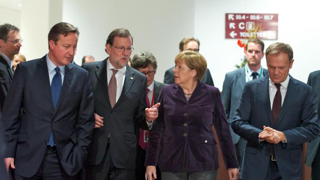 David Cameron, Mariano Rajoy and Angela Merkel, during a summit in 2015