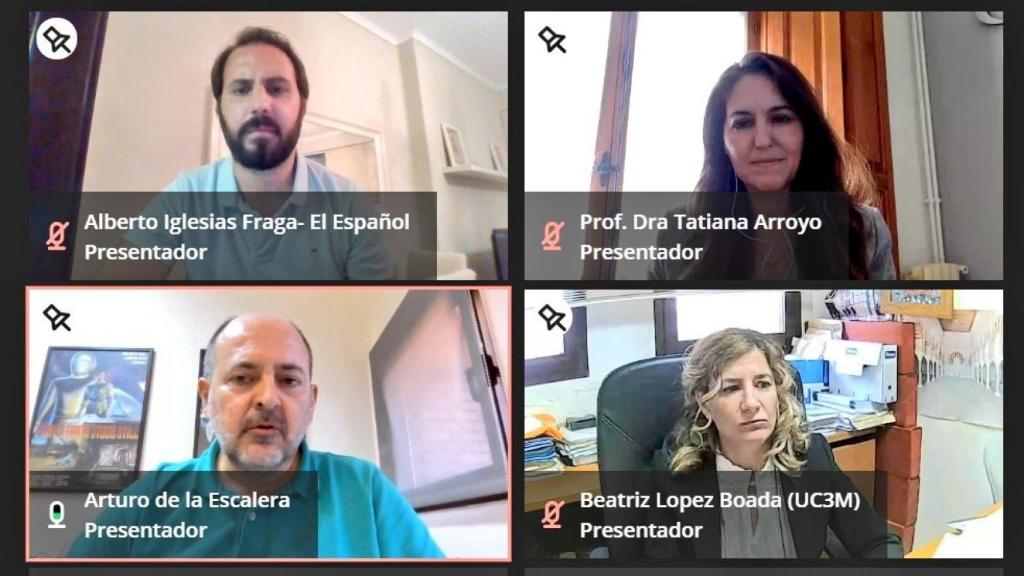 Un momento del encuentro organizado por la UC3M sobre movilidad multimodal, con los investigadores Beatriz López, Tatiana Arroyo y Arturo de la Escalera.