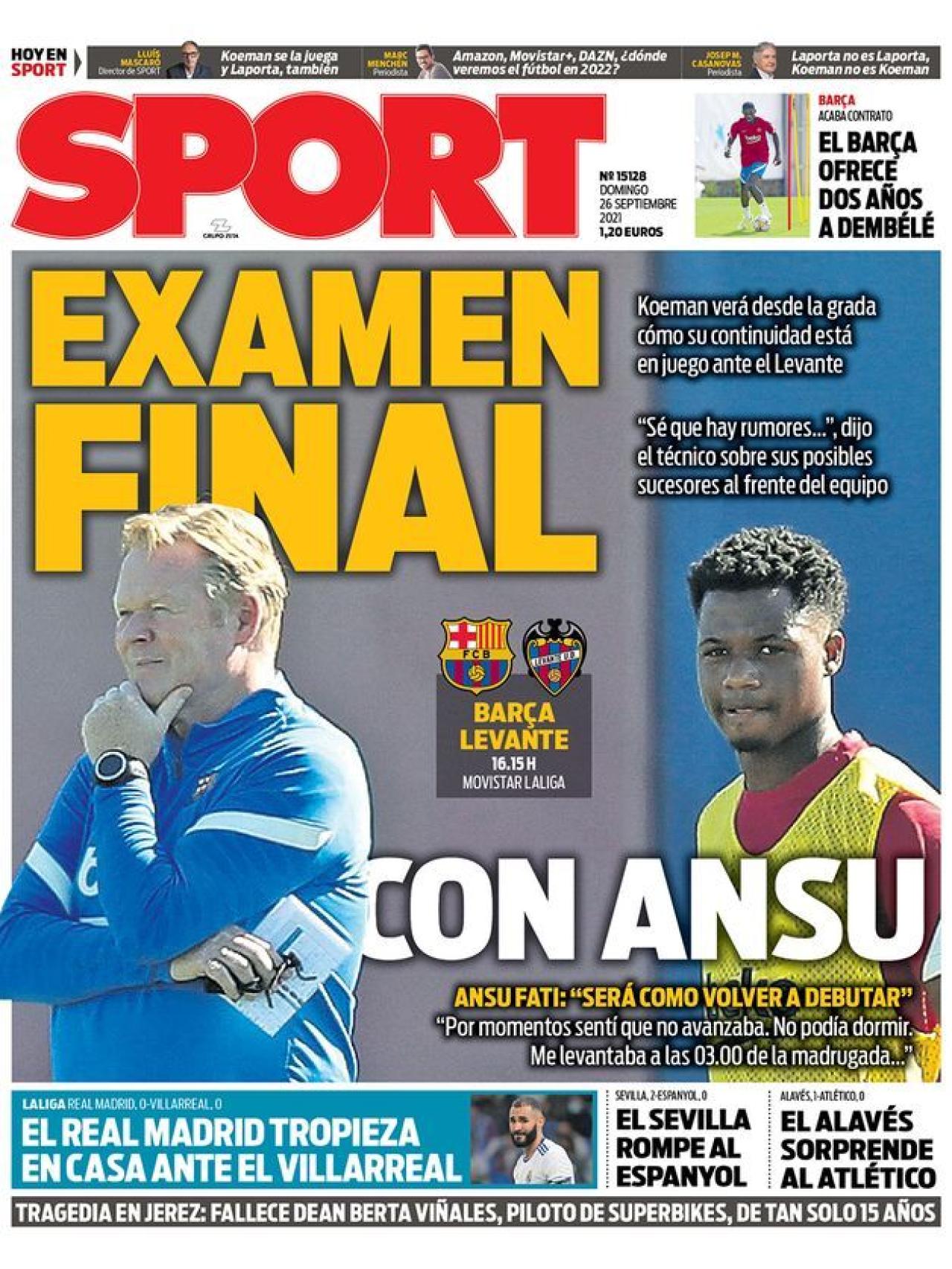 La portada del diario SPORT (26/09/2021)