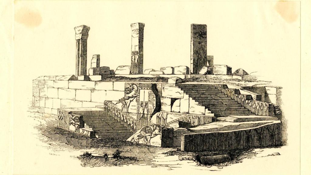 Grabado sobre las ruinas de Persépolis.