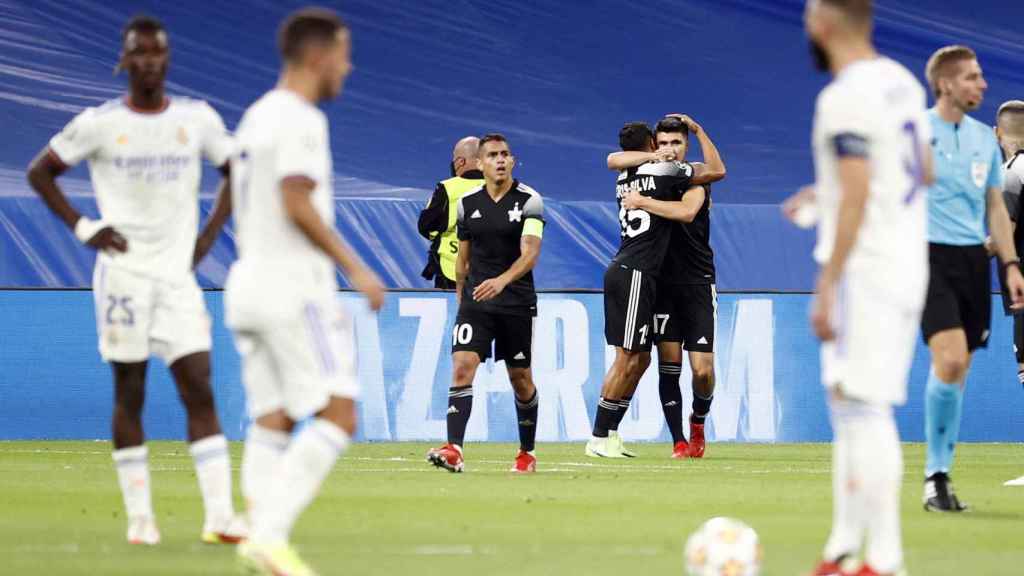The Sheriff's footballers celebrate Jasur Jakhshibaev's goal against Real Madrid