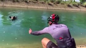 Uno de los ciclistas animando al jabalí a acercarse a él.