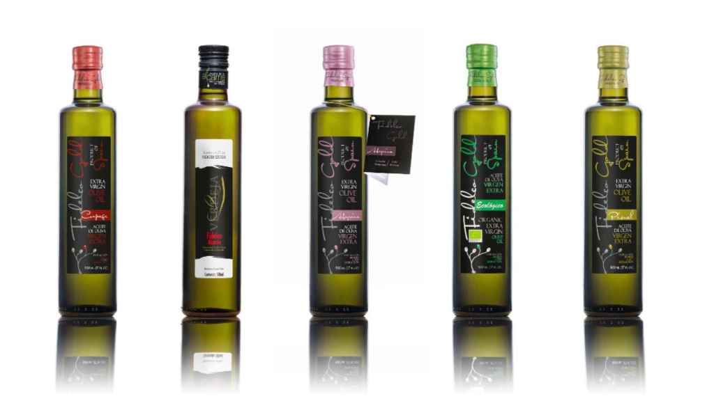 Fidelco's 'premium' olive oils.  The first and third from the left, the winners.