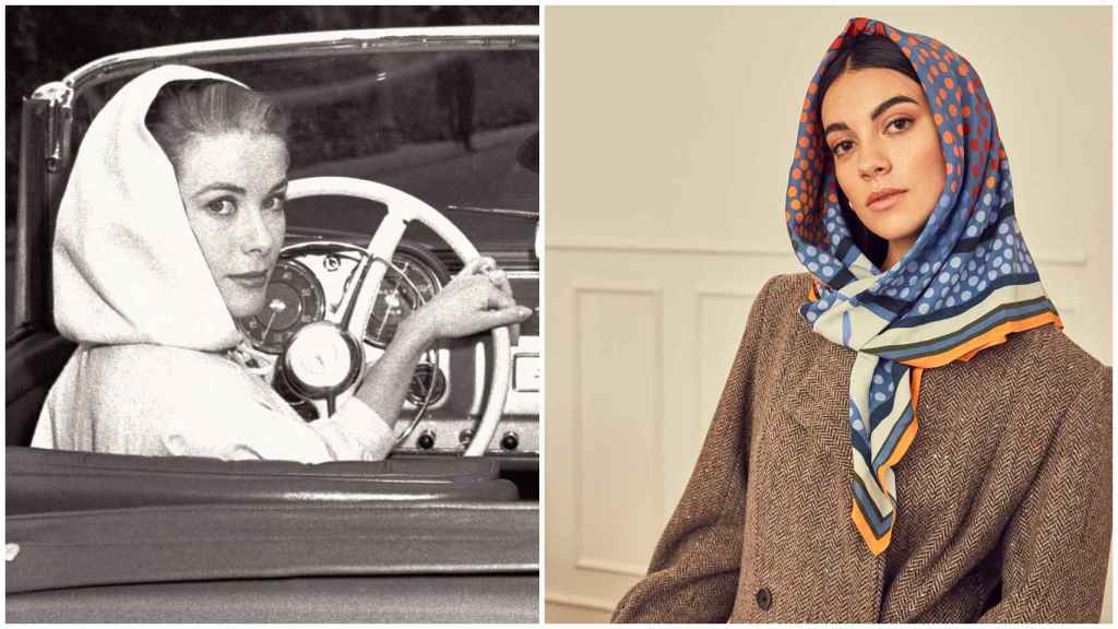 Grace Kelly, en una imagen de archivo, y una modelo con el pañuelo de Fun&Basics.