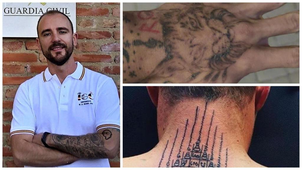 Tres guardias civiles muestran sus tatuajes.