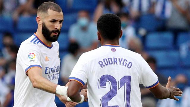 Karim Benzema celebra su gol al Espanyol