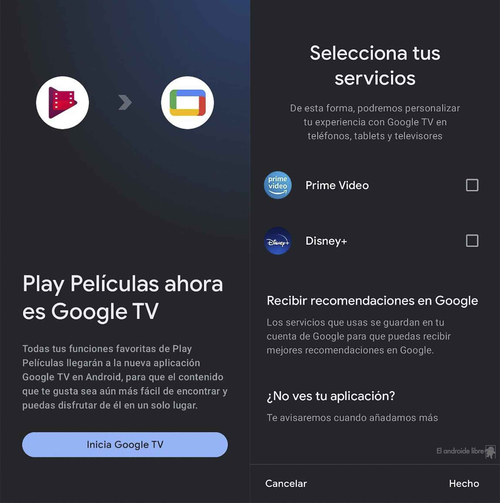 Selecciona los servicios en la nueva Google TV