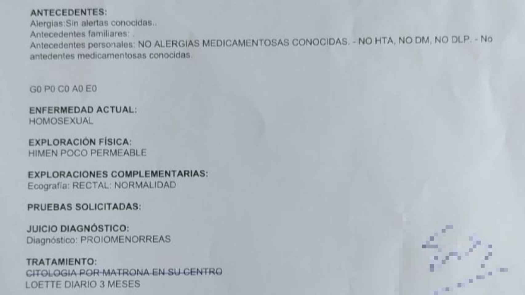 Imagen del informe del ginecólogo del Hospital Reina Sofía de Murcia.