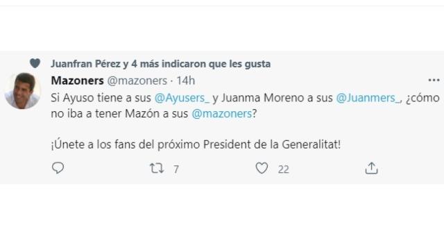 Inicio de la captación de fans del entorno de Carlos Mazón en Twitter.