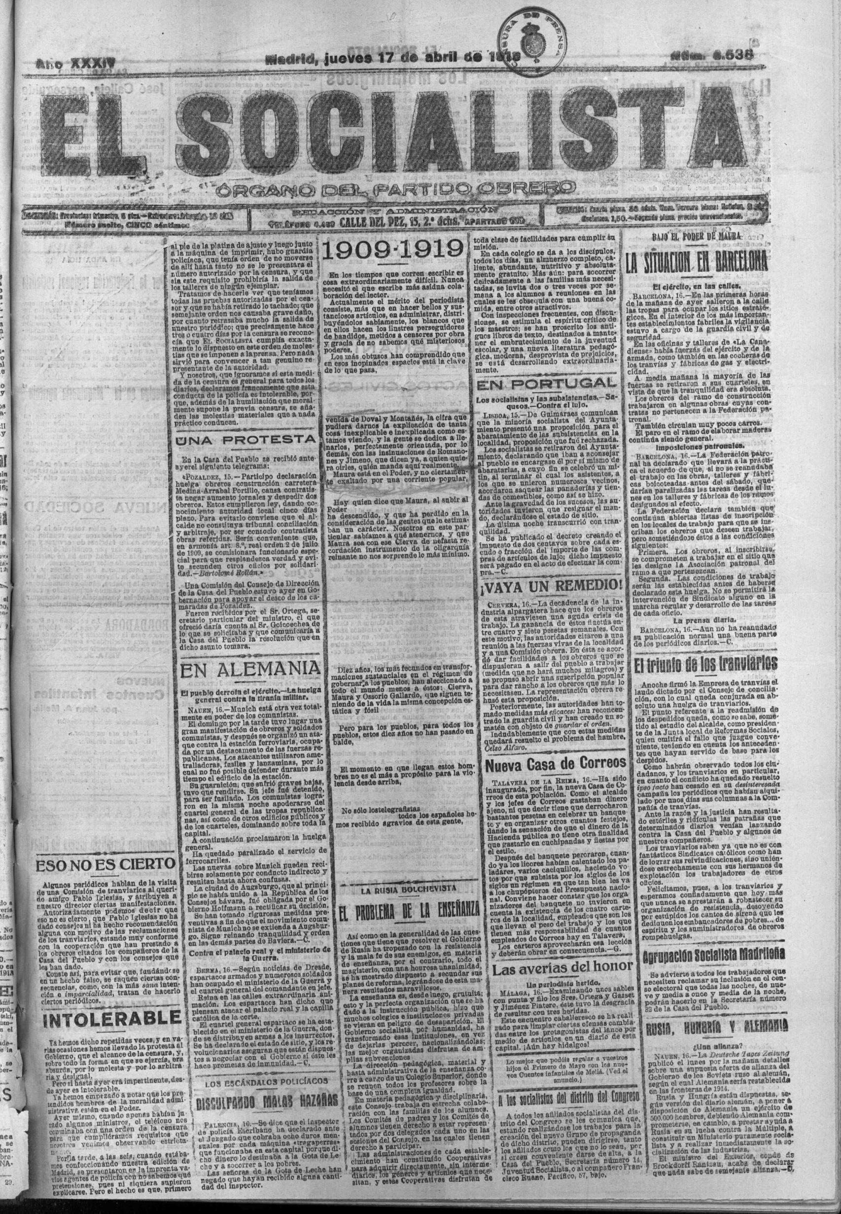 'El Socialista', jueves 17 de abril de 1919.