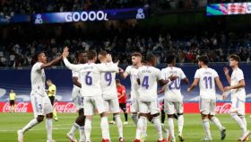 Los jugadores del Real Madrid celebran un gol en el Santiago Bernabéu