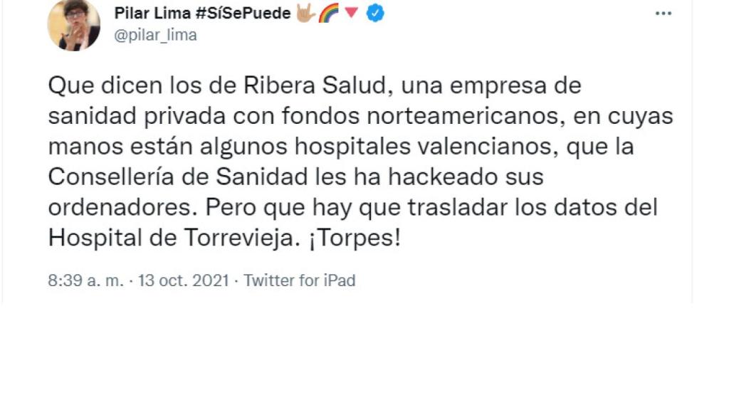 Tuit de Pilar Lima, la portavoz de Podemos en las Cortes Valencianas.