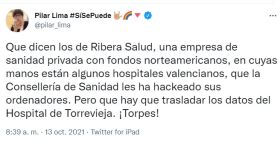 Tuit de Pilar Lima, la portavoz de Podemos en las Cortes Valencianas.