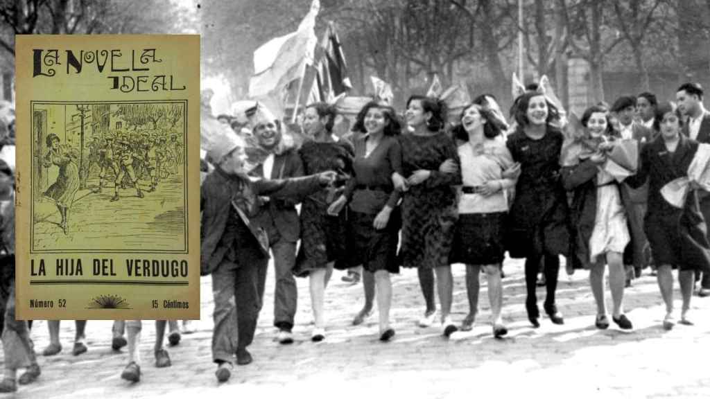 Mujeres celebrando la proclamación de la Segunda República y un ejemplar de 'La Novela Ideal'.
