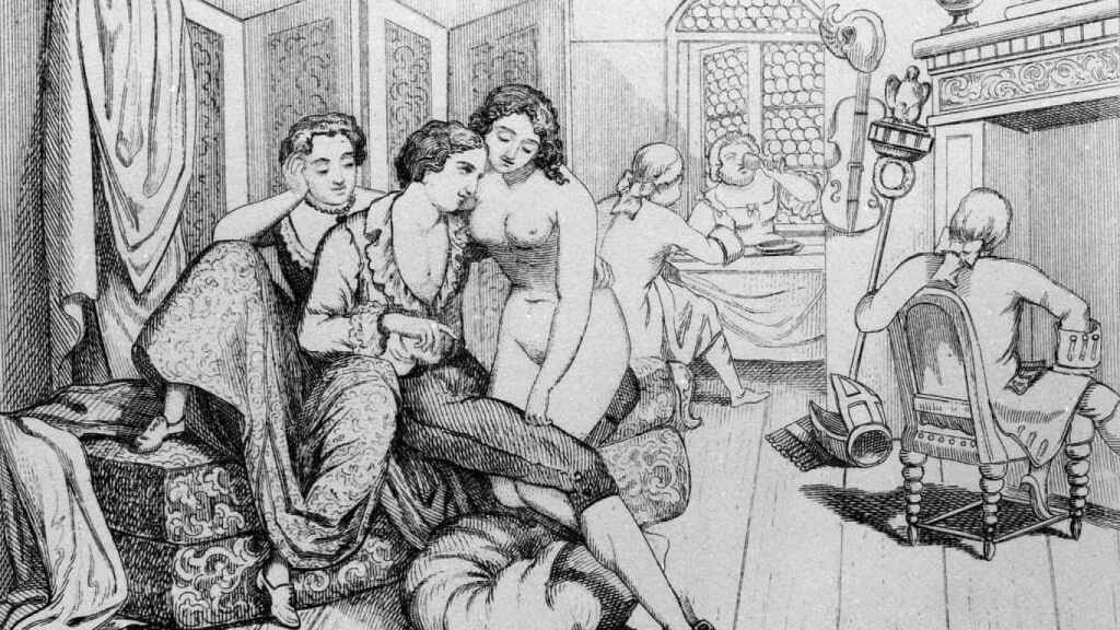 Grabado de 1872 de El libertino Giacomo Casanova y la señorita Bassi, una ilustración de Historia de mi vida.