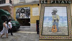 A la izquierda, el espacio sin el mosaico de El Piyayo. A la derecha la obra colgada en calle Granada.