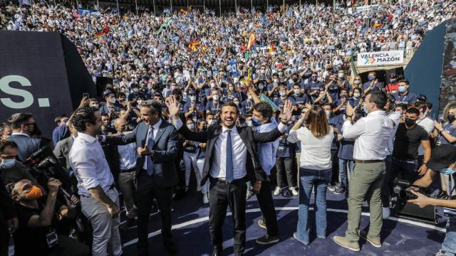 El presidente del PP, Pablo Casado, en el acto de clausura de la Convención Nacional del PP, en la Plaza de Toros de Valencia