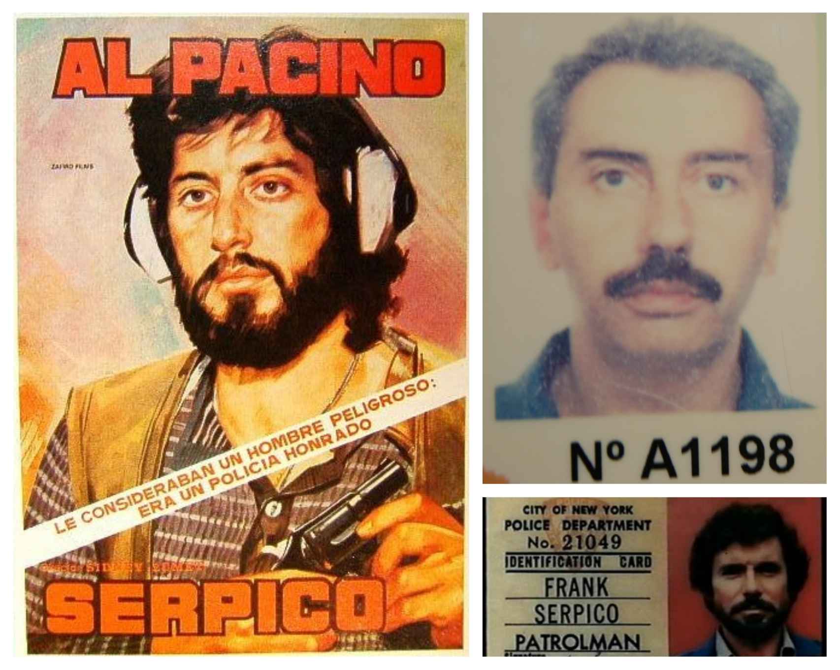 El investigador antidroga español Ricardo Toro Vázquez, en la foto de su antigua credencial de Policía (arriba a la derecha), junto al cartel de la película 'Serpico', en la que Al Pacino interpreta al policía real de Nueva York Frank Serpico (en el carné de abajo).