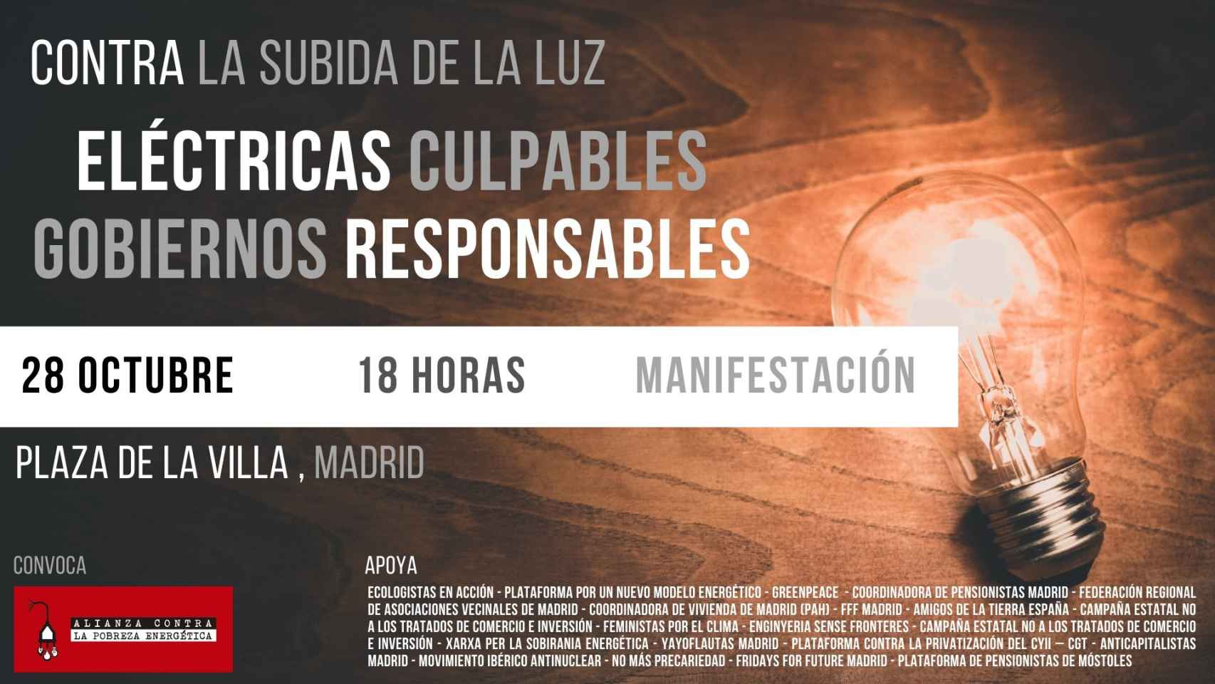 La manifestación contra la subida de la luz será el 28 de octubre en Madrid.