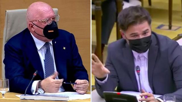 El excomisario Villarejo y Gabriel Rufián durante las preguntas.