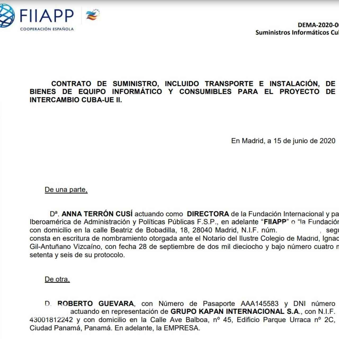 Roberto Guevara Lezica aparece como representante del Grupo Kapan Internacional en el contrato firmado con la fundación FIIAPP del Ministerio de Asuntos Exteriores.