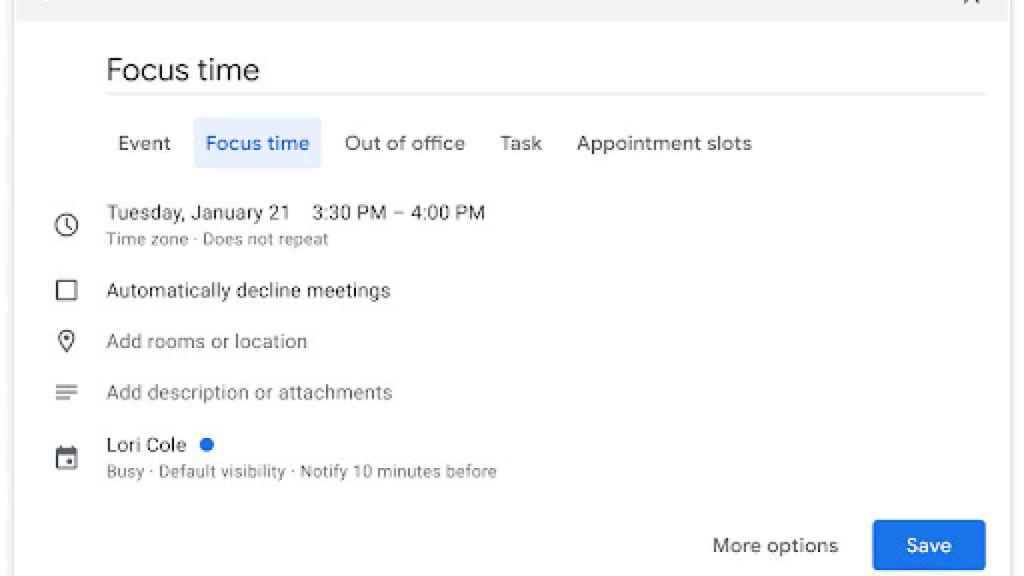 Focus time de Google Calendar