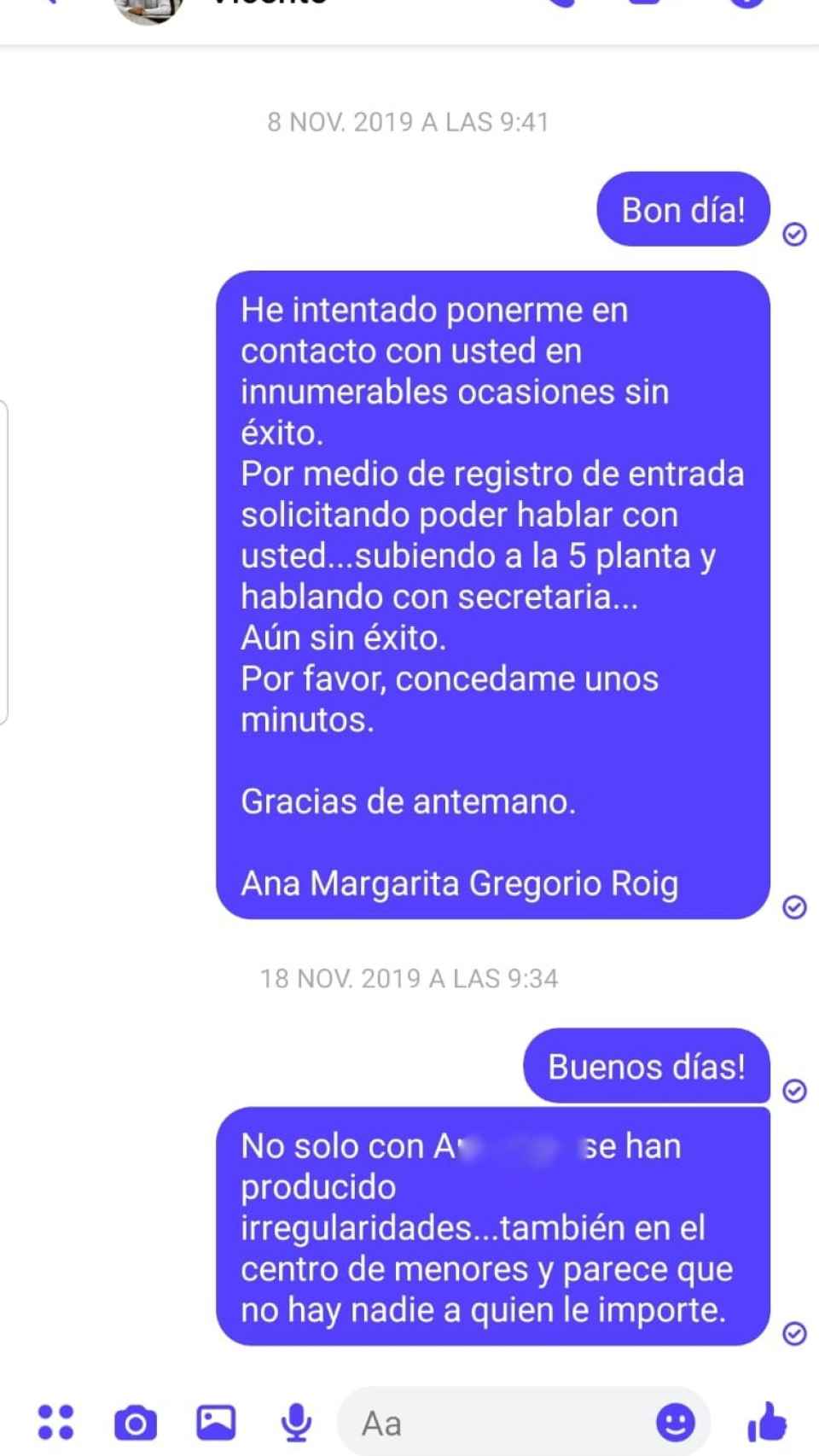 Mensajes de Telegram que Ana Gregorio envió al presidente del Consell de Ibiza, Vicente Marí Torres (PP), el 8 de noviembre de 2019.