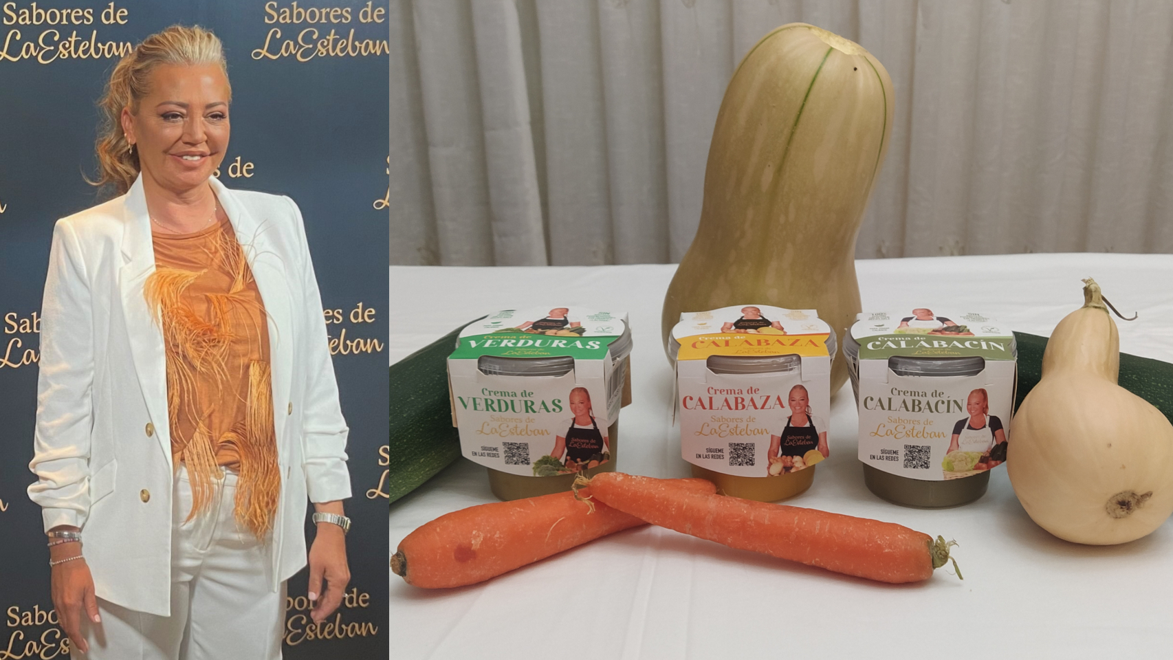 A la izquierda, Belén Esteban, durante la presentación de las tres cremas de verduras de 'Sabores de la Esteban' (derecha).