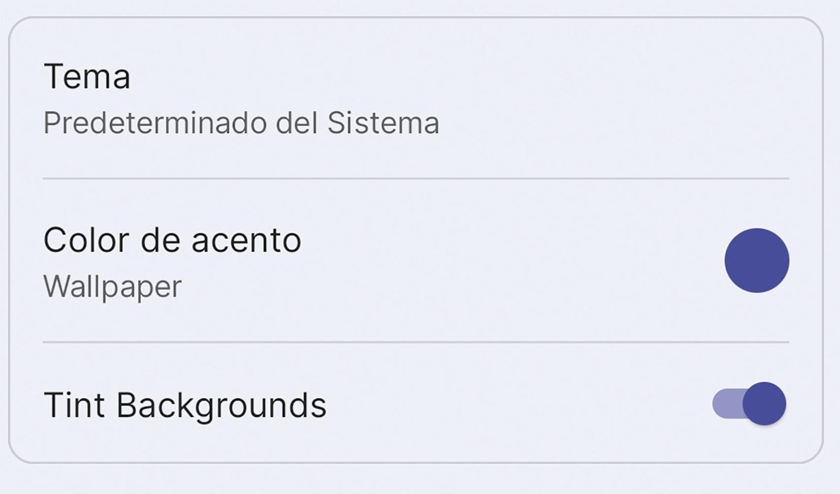 Los ajustes para el tema dinámico ya viene predefinidos