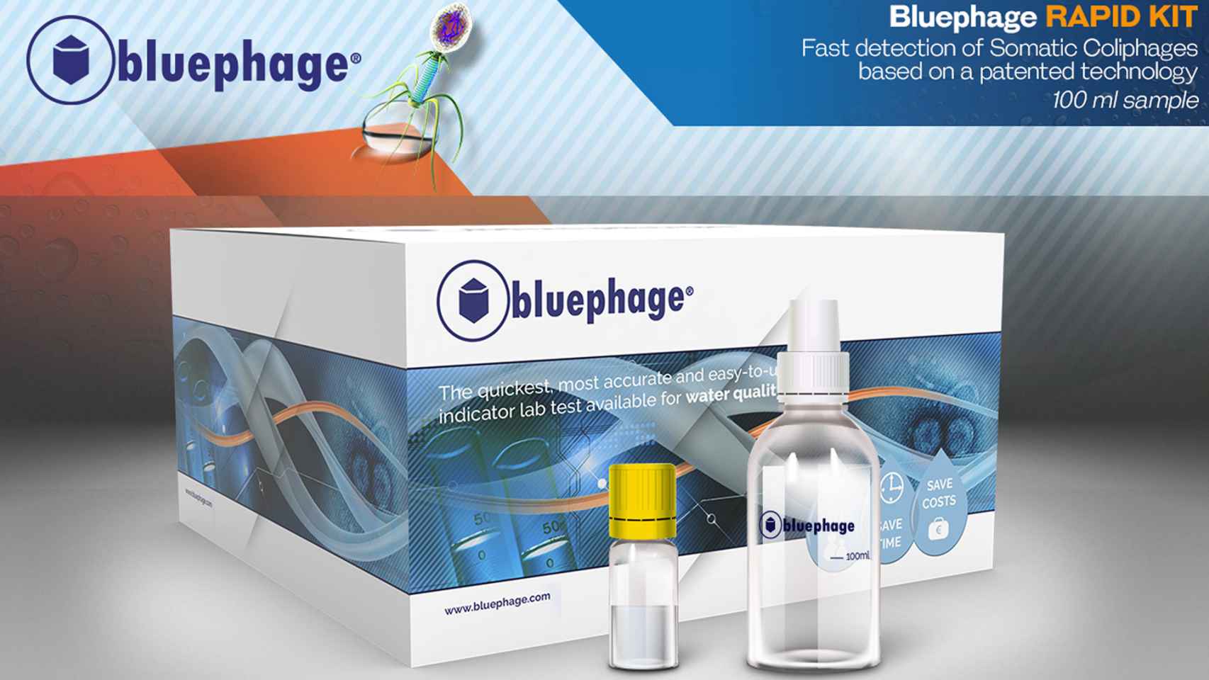 Vista general de uno de los kits de Bluephage que certifica la salubridad del agua a través de un indicador vírico y arroja resultados en sólo seis horas.