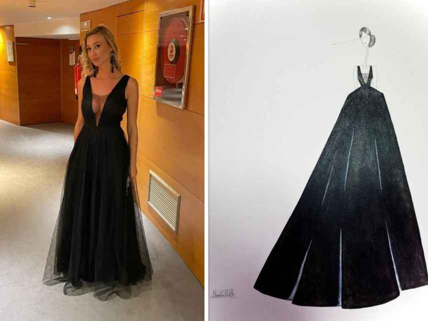 Yasmina C. Cerdá Gregori con el vestido de Alejandro Maíllo y el dibujo del diseño