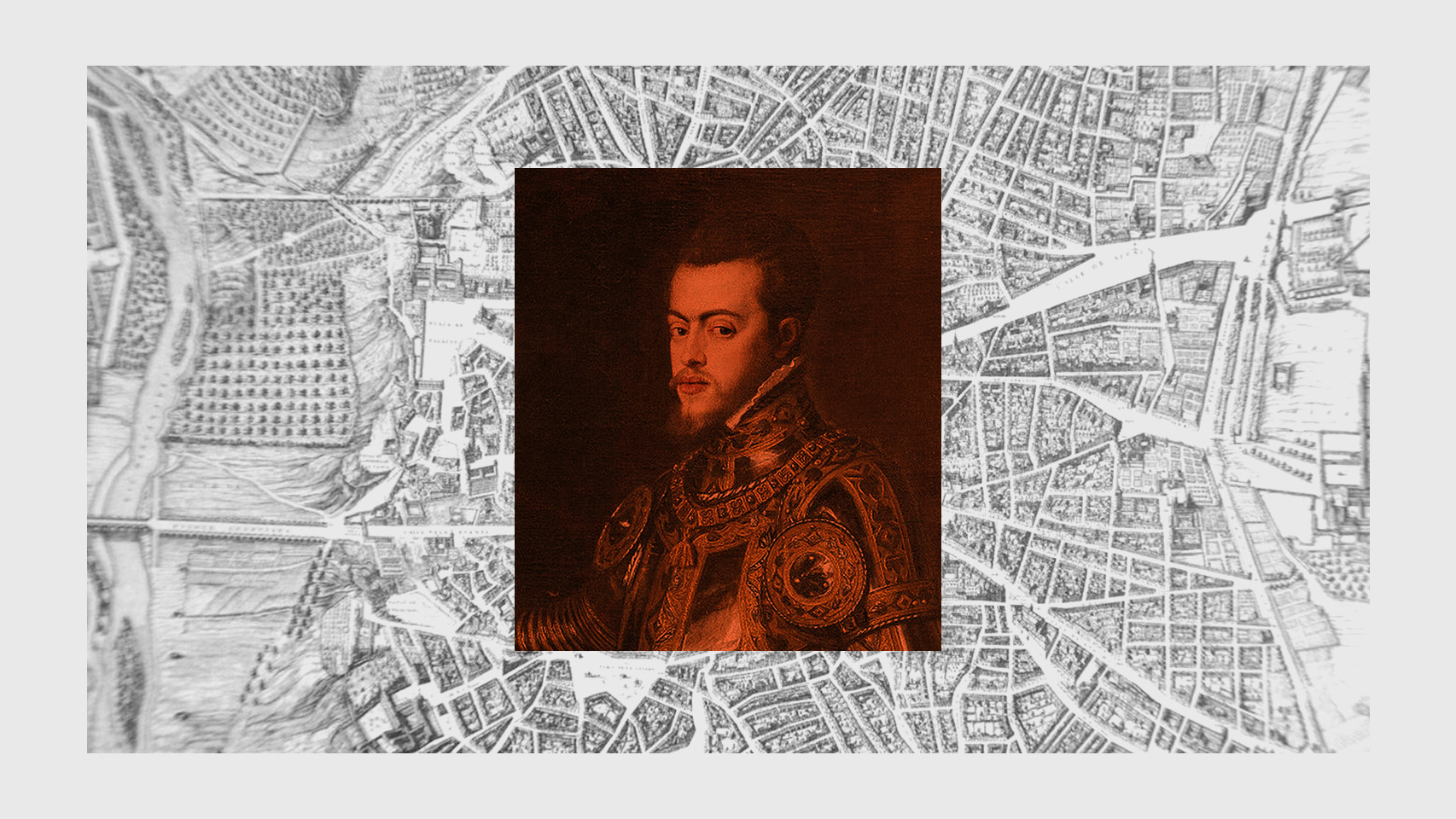 Un retrato de Felipe II sobre un mapa antiguo de Madrid.