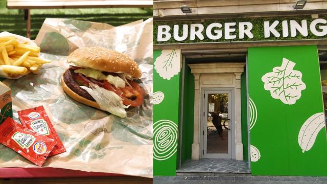 Vista exterior del primer Burger King vegetariano de España y uno de sus menús.